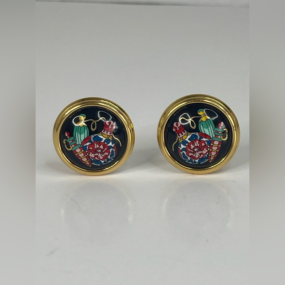Hermes Gold and Black Floral Mosaic Earrings